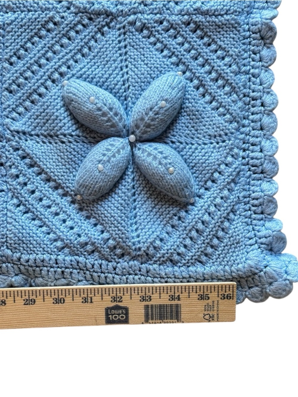Vintage Hand Knit Baby Blue Baby Blanket 3D Flower Popcorn Knit Nursery - Picture 3 of 6